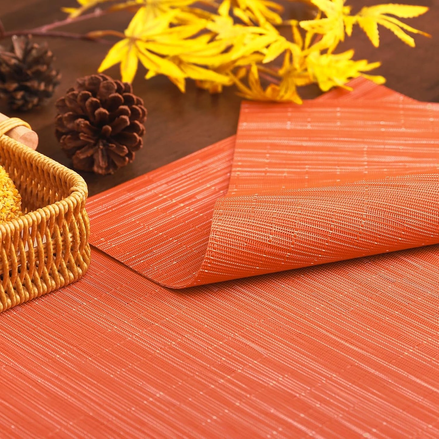 Thanksgiving Placemats Set of 6 Fall Place Mats Pumpkin Maple Leaves Table Mats Washable Non-Slip Heatproof Woven Placemats for Dining Table (17.7" X 11.8")