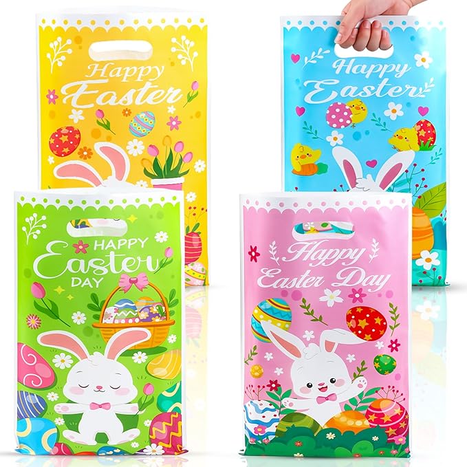 Easter Treat Bags, 100 PCS Easter Gift Bags with Handles, Plastic Happy Easter Day Cookie Goodie Candy Bag Easter Bunny Cute Spring Party Favor Bag for Easter Party Favors Supplies, 6.5x10 Inch