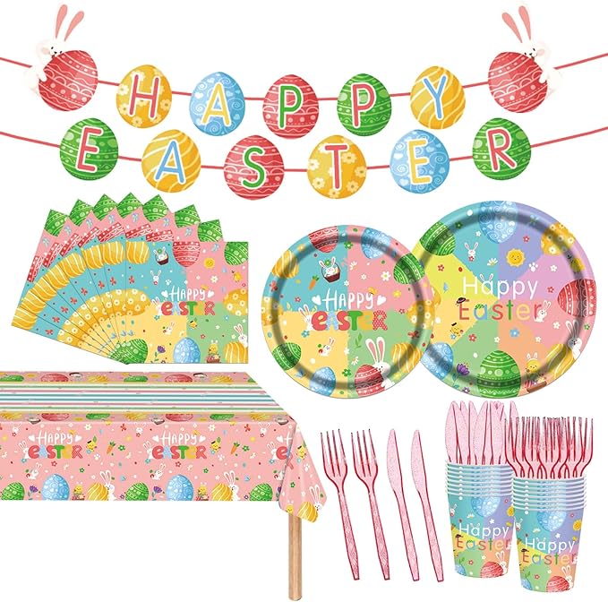 98PCS Easter Party Supplies Happy Easter Paper Plates and Napkins Colorful Easter Bunny Egg Tableware Set Spring Easter Party Decorations Easter Holiday Party Disposable Dinnerware Set for 16 Guests