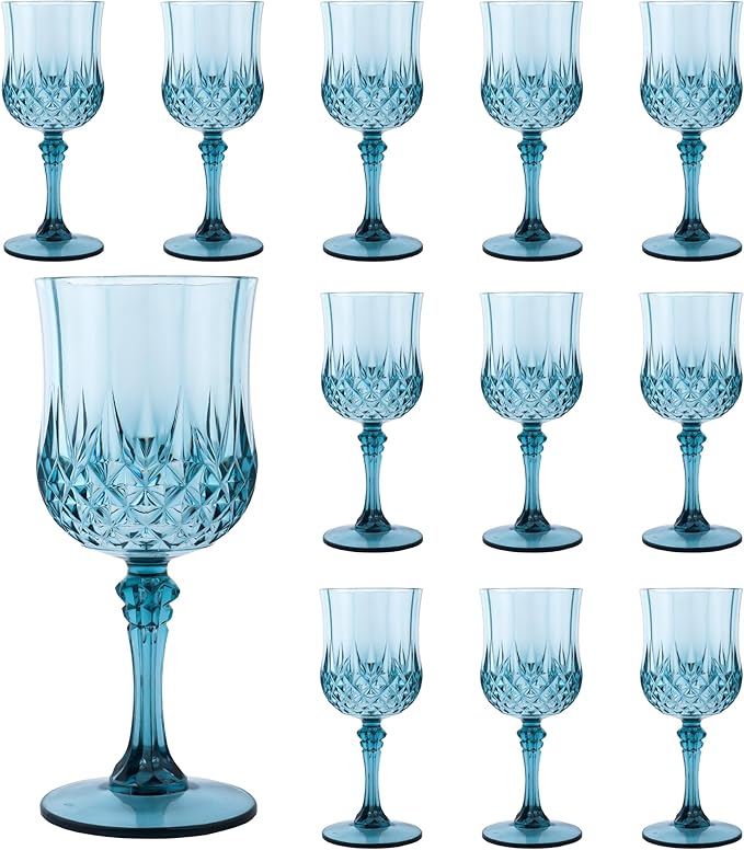 Plastic Wine Glasses, Plastic Goblets Vintage Style Cordial Unbreakable Drinking Glasses, Reusable Drinkware for Wedding Reception, Grand Event Party Supplies, Easter (12, Dusty Blue)