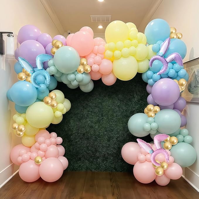 155pcs Easter Balloon Arch, Pastel Rainbow Balloon Garland with Bunny Ears Foil Balloons, Pink Purple Yellow Green Blue White Gold Confetti Balloons for Easter Spring Baby Shower Birthday Decorations