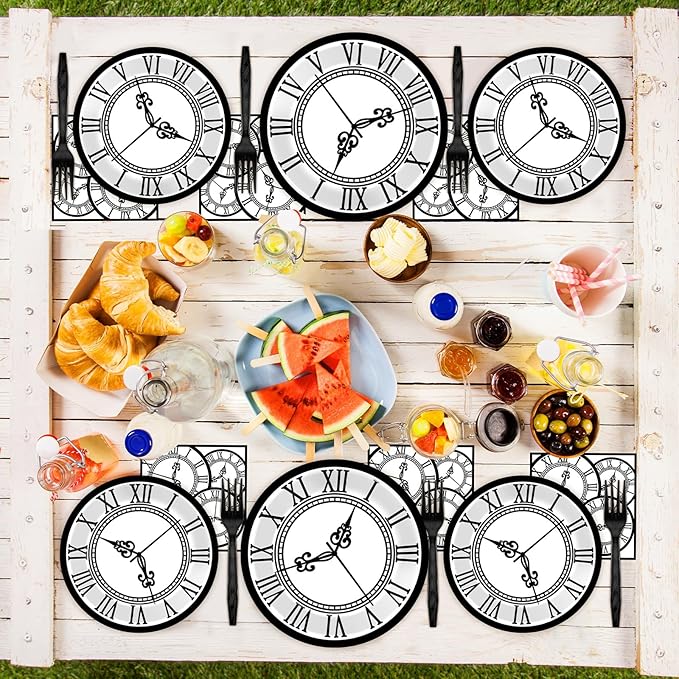 96PCS Wonderland Tea Party Paper Plates and Napkins Wonderland Disposable Dinnerware Clock Theme Tableware for Tea Baby Shower Garden Afternoon Birthday Gatherings Decorations