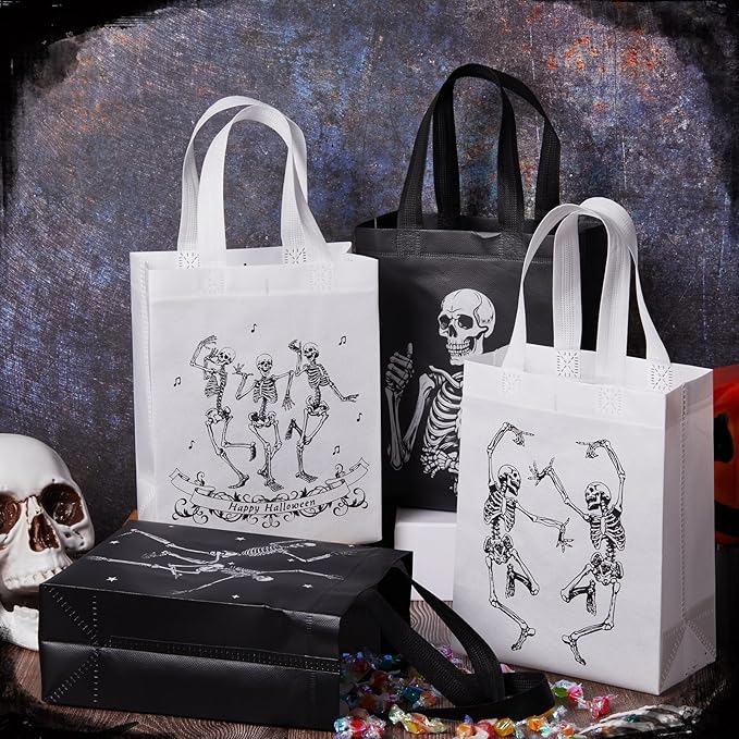 Wesnoy 24 Pcs Halloween Bags with Handle Reusable Skeleton Halloween Party Favors Black White Non Woven Candy Tote Bags Bulk Funny Hippie Dancing Skeleton