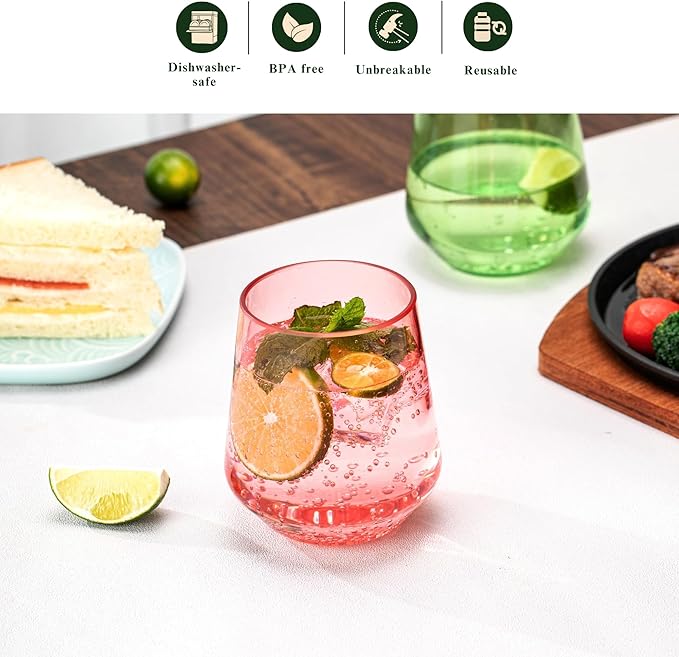 16oz Colorful Stemless Wines Cups (Set of 6), Shatter-Proof Acrylic Glasses Drinkware, Reusable Plastic Bar Glasses, BPA-Free, Dishwasher-Safe