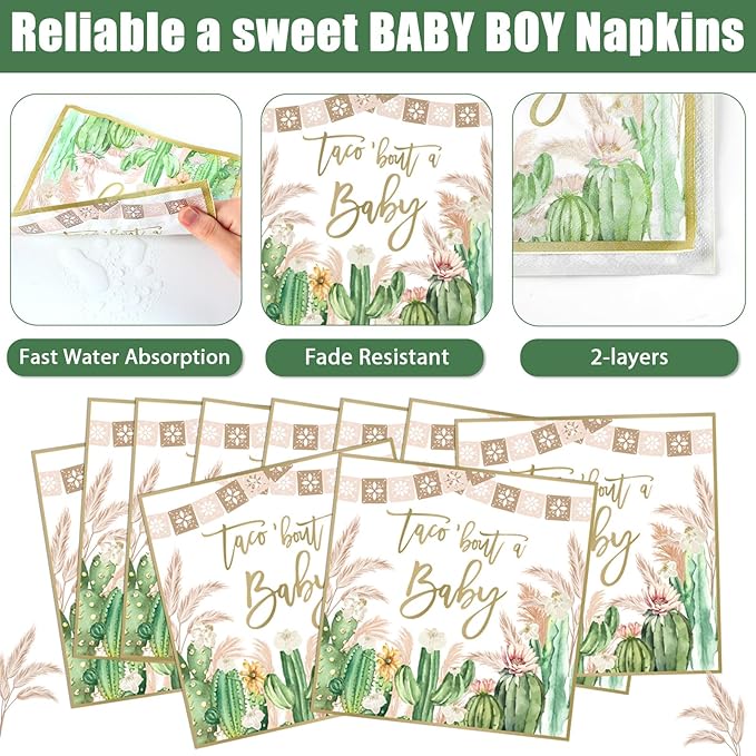 96Pcs Taco Baby Shower Party Supplies Taco Bout A Baby Paper Plates Napkins Cactus Baby Shower Party Decorations Gender Reveal Dinnerware Party Favor Taco Baby Shower Tableware Serves 24