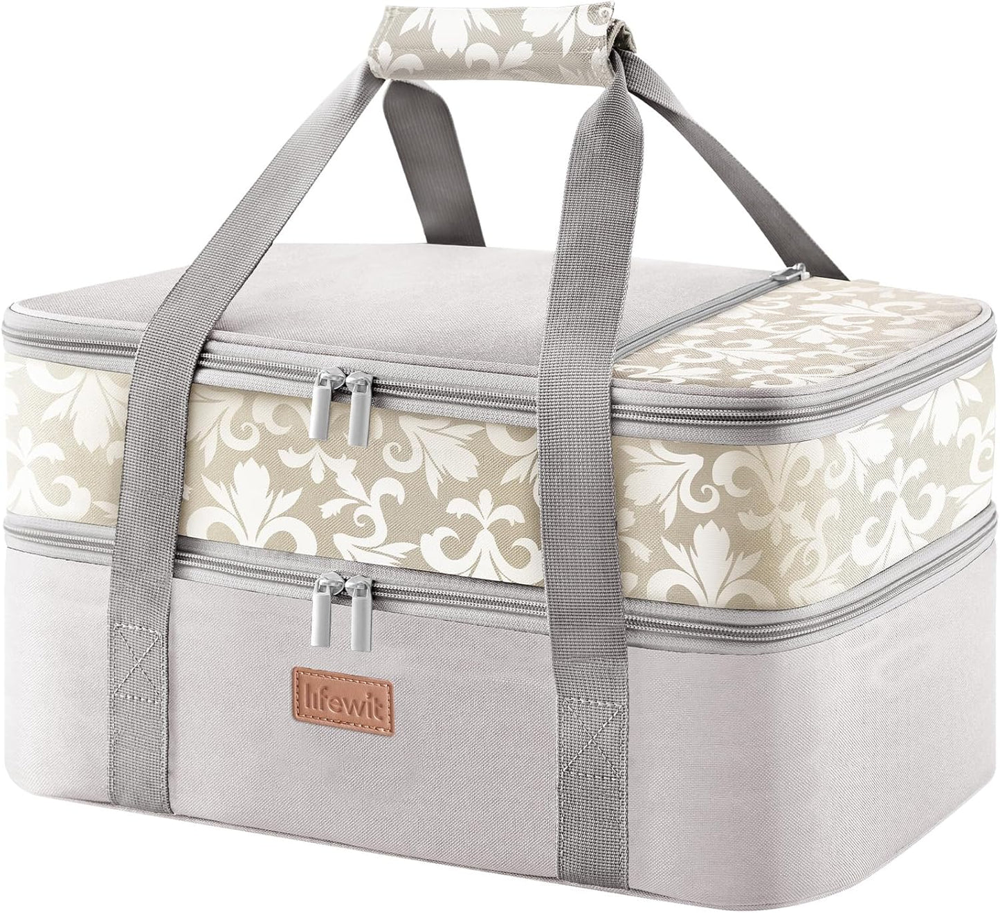 Lifewit Double Decker Casserole Carrier for Hot or Cold Food, Insulated Casserole Baking Dish Bag Food Carrier, Lasagna Holder for Potluck/Parties/Picnic/Cookouts, Fits 9"x13" Baking Dish, Grey