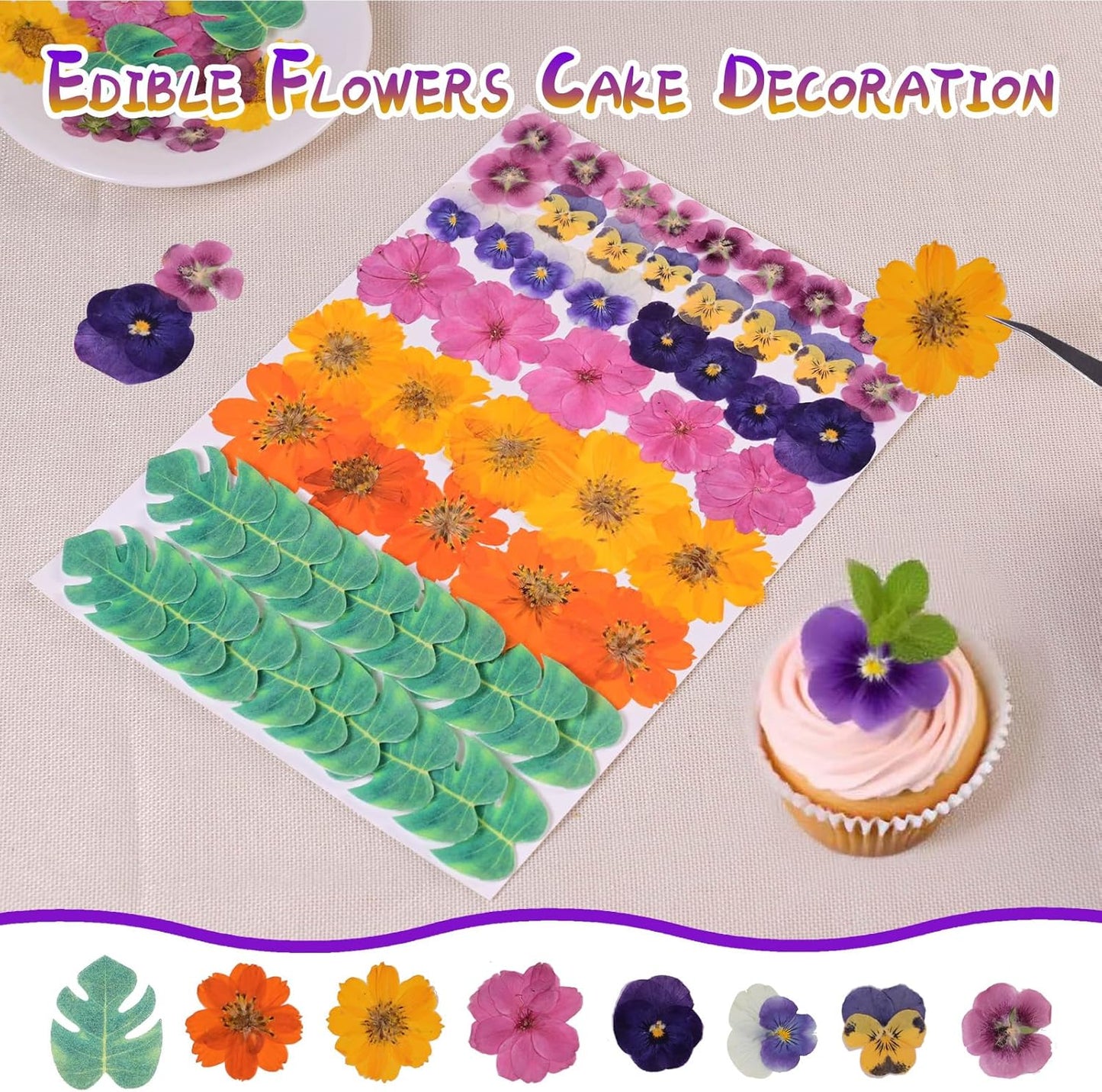 60 PCS Real Edible Flower Tropical Cupcakes Cake Decoration, Hibiscus Flowers Turtle Back Leaves Cartoon Birthday Cake Toppers -Hawaiian Series Theme Wedding, Party, Cocktails