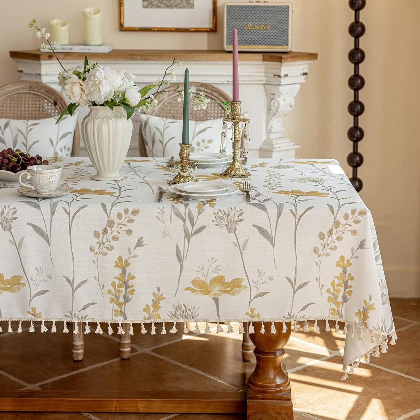 ENJOYBRIDAL Yellow Floral Tablecloth - 60 x 120 Inch - Boho Rectangular Table Cloth Dining Cute Camping Washable Table Cover 10-12 Seats Vintage Picnic Decorative Rustic Furniture Protector