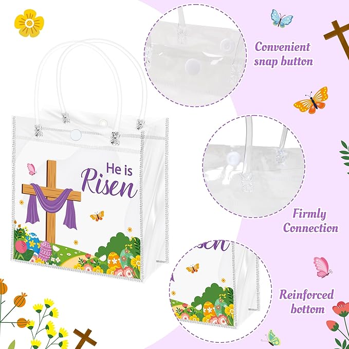 H1vojoxo Religious Easter Gift Bags - 24PCS He is Risen Christian Clear PVC Gift Bags with Handle for Kids Cross Print Reusable Goodie Treat Candy Snack Bag for Easter Church Party Favors Supplies