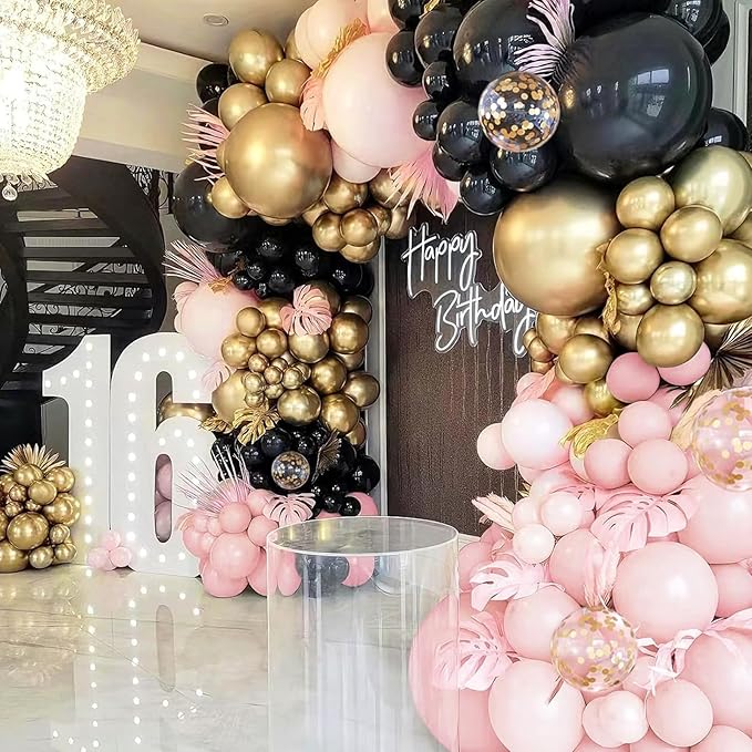 Black Pink and Gold Balloons Arch Kit, 134pcs 18/12/10/5inch Black Pastel Pink Chorme Gold Balloons Garland for Princess Birthday Wedding Bridal Baby Shower Bachelorette Mother's Day Party Decorations