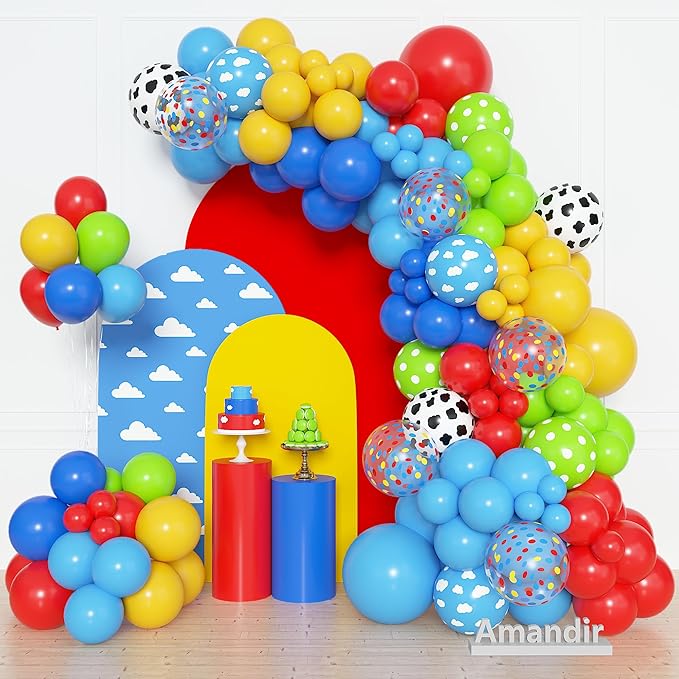Amandir 152Pcs Blue Red Yellow Balloon Arch Garland Kit, Different Sizes 12 10 5 Cow Cloud Pattern Green Confetti Latex Balloons For Cartoon Theme Birthday Baby Shower Decorations
