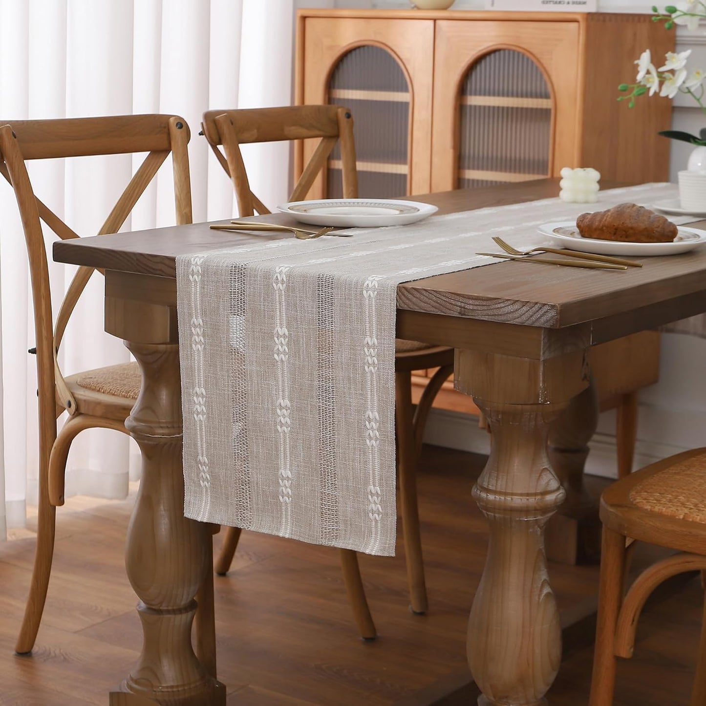 Gernaice Boho Table Runner, Embroidered Cotton Linen Farmhouse Table Runners for Holiday Wedding Dining Living Room Bedroom Home Decor, 108" L X 13" W Brown
