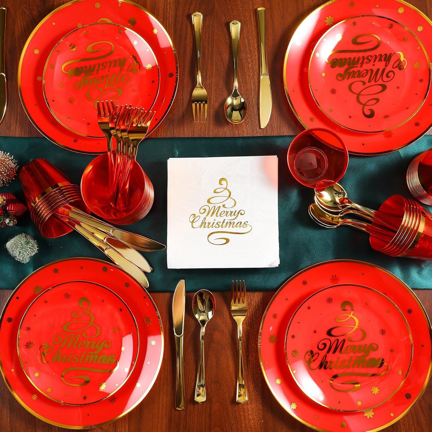 Sliner 350 Pcs Christmas Plastic Tableware Bulk, Red and Gold Tableware Set, Disposable Xmas Dinnerware with Dinner Plates, Dessert Plates, Forks, Knives, Spoons, Cups, Napkins for Holiday Party