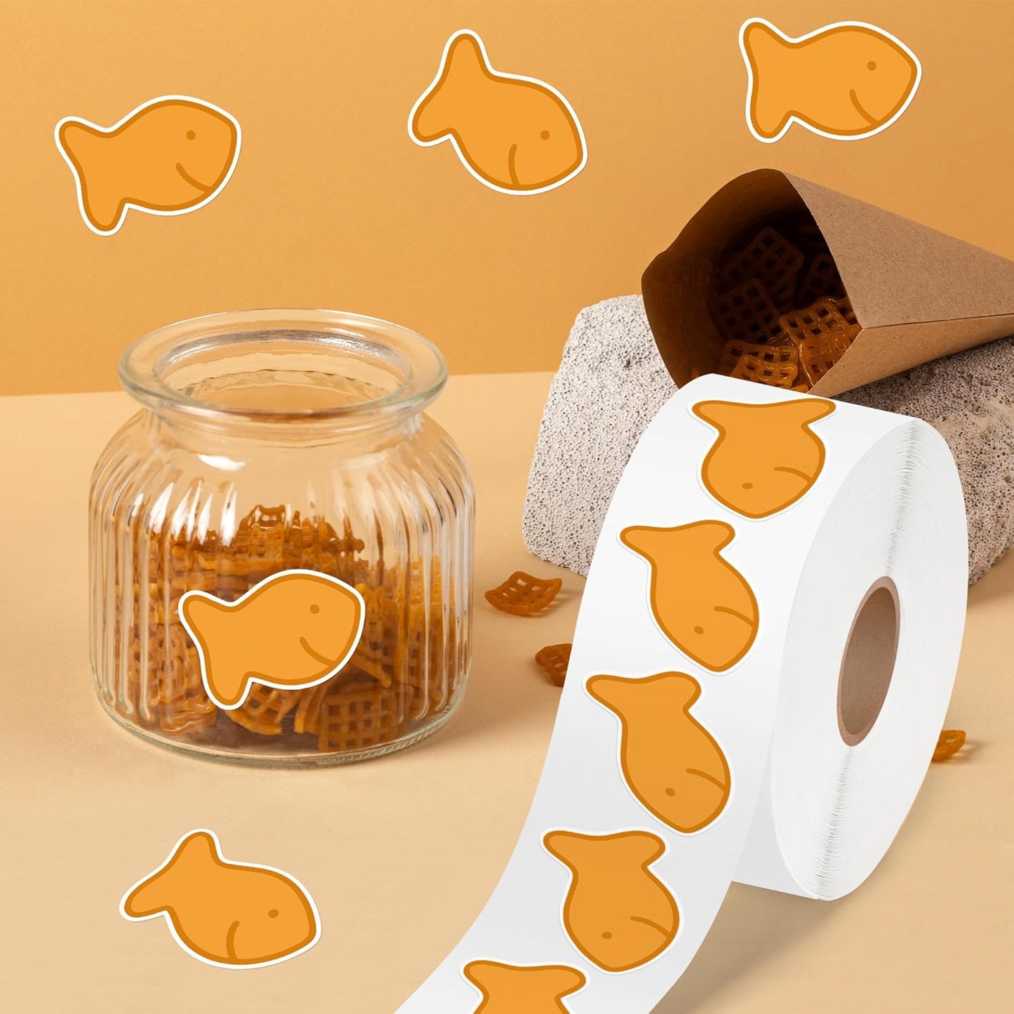 Goldfish Cracker Stickers Roll - 1000pcs Cute Fish Cookie Waterproof Vinyl Reusable Laptop Sticker Coloring Book Scrapbook Water Bottle Page Activity Pad Birthday Party Favors Kids Skateboard