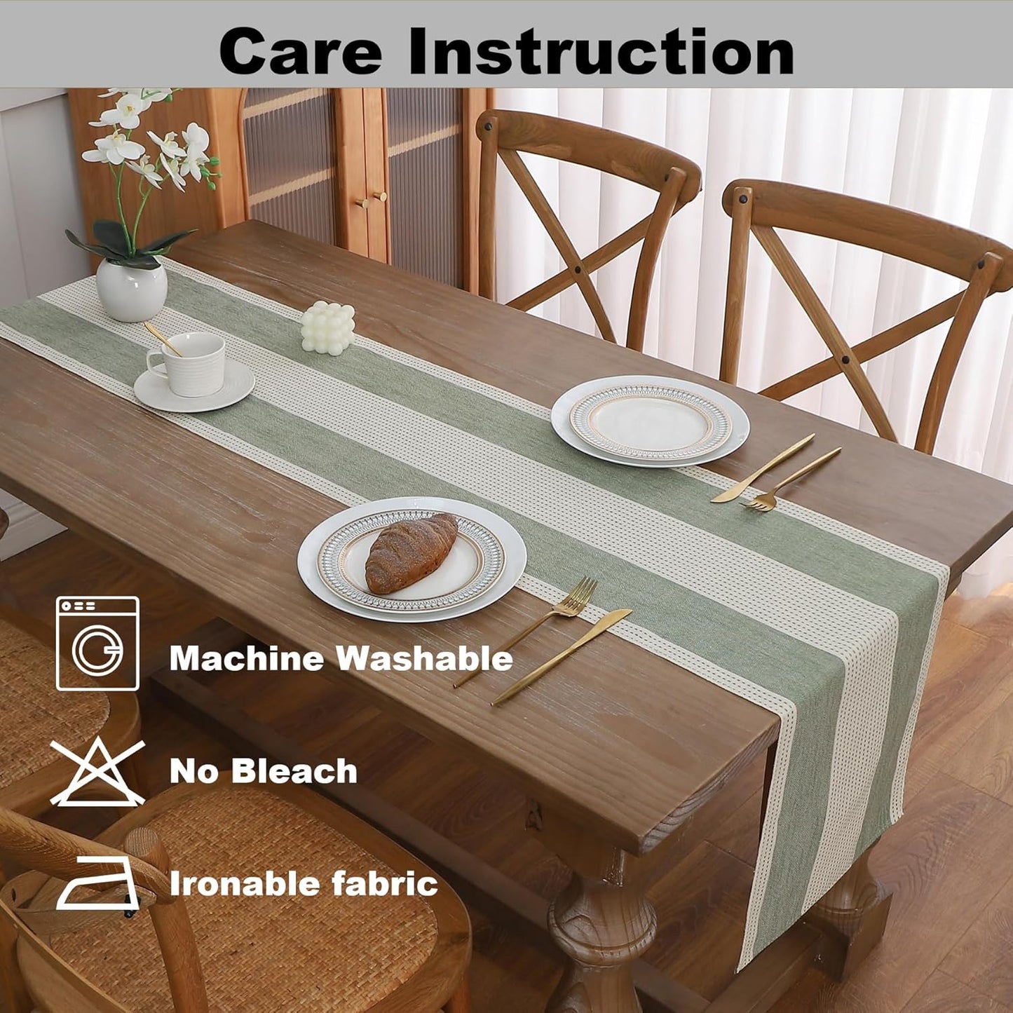 Gernaice 2PCS Boho Table Runner, Rustic Striped Cotton Linen Farmhouse Table Runners for Dresser End Coffee Table Home Decor, 24" L X 13" W Sage Green