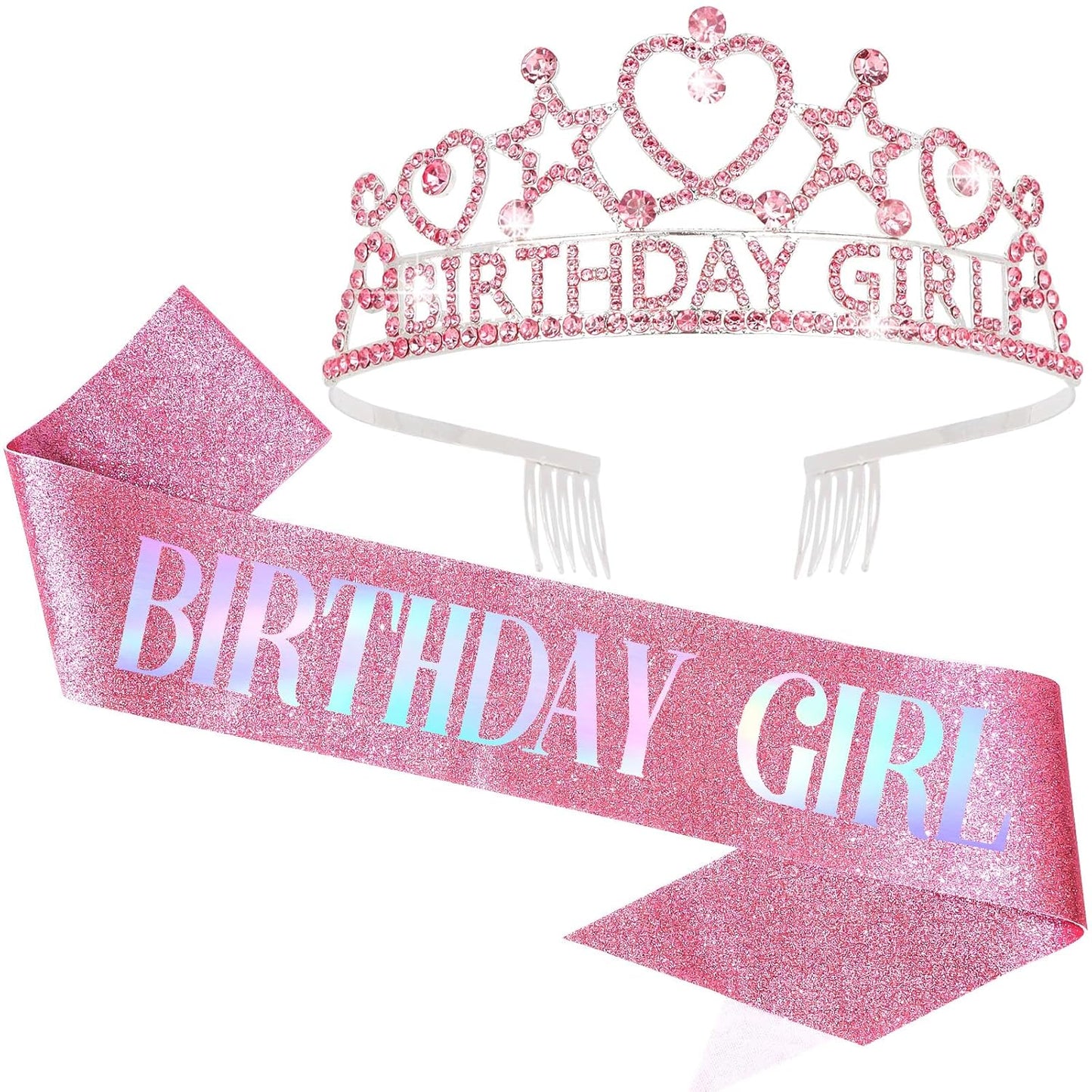Birthday Girl Tiara and Sash Set - Pink Rhinestone Crown & Glitter Iridescent Sash for Birthday Party, Princess Celebration, Gift for Girls and Women
