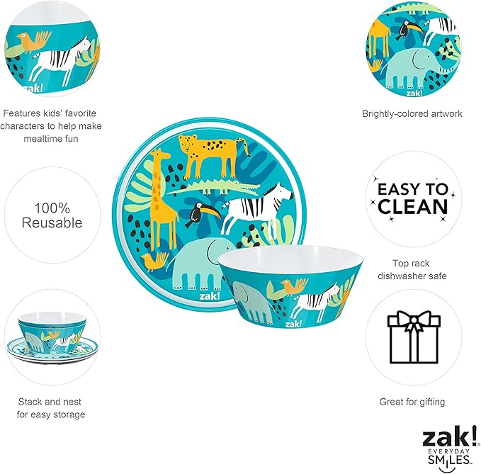 Zak Designs 5-Piece Dinnerware Set, Safari - Durable Plastic & Stainless Steel - Includes Water Bottle, 8-Inch Plate, 6-Inch Bowl, Fork & Spoon - Suitable for Kids Ages 3+