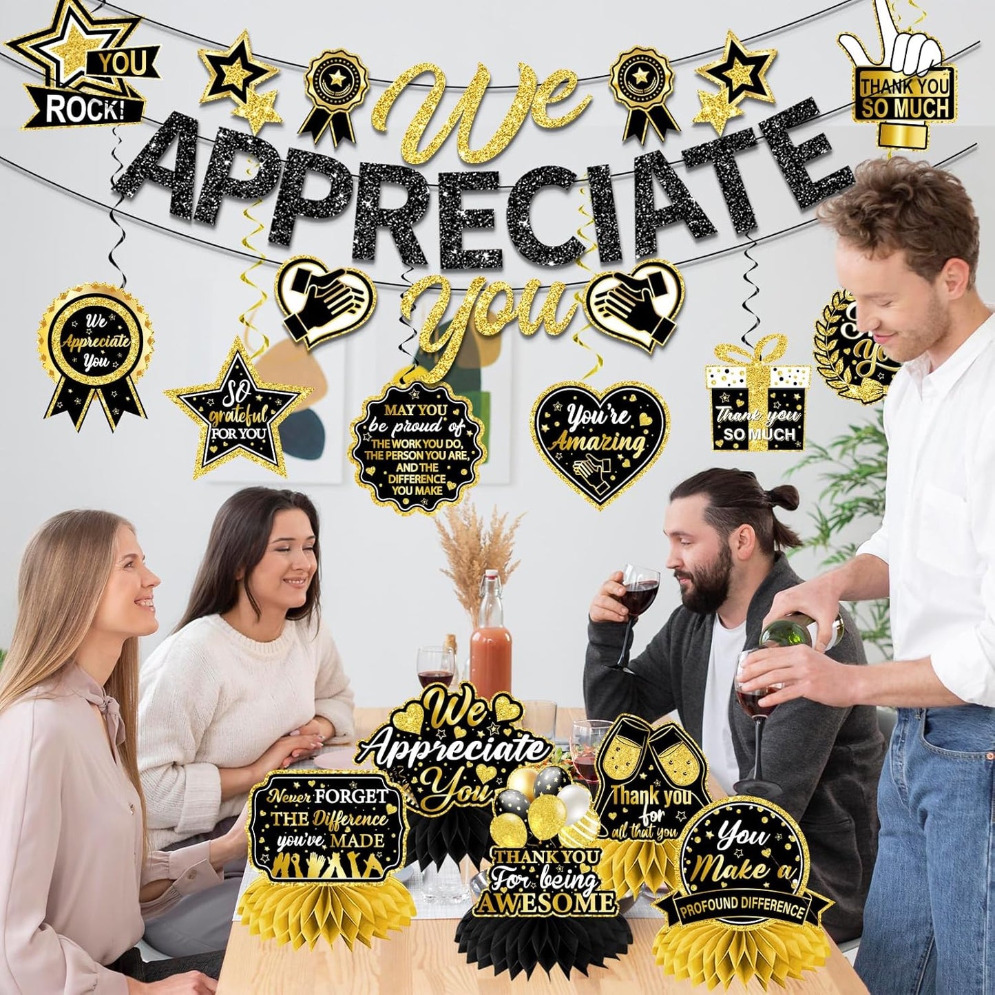 We Appreciate You Decorations, Black Gold Thank You Decorations includes We Appreciate You Banner and Employee Appreciation Table Decorations and Hanging Swirls for Pastor Appreciation Decorations