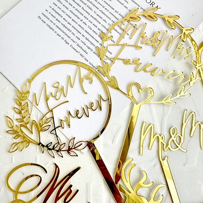 8 Pcs Mr and Mrs Cake Topper, Gold Acrylic Wedding Cake Toppers, Personalized Wedding Cake for Weddings, Engagement, Anniversary，Bridal Shower Cake Decoration