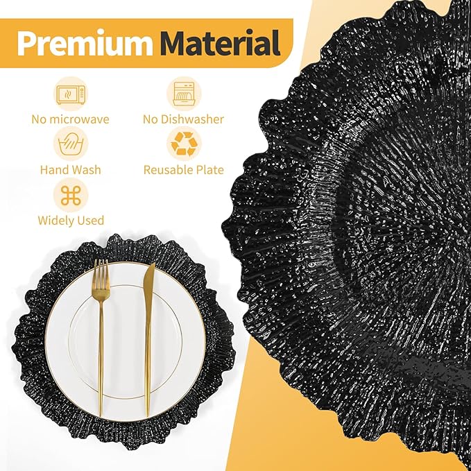 50 Pcs Black Charger Plates Bulk 13 Inch Plastic Charger Plates for Dinner Plate, Black Chargers for Table Setting, Reef Design Plate Floral Decorative Round Chargers for Wedding Party, Event