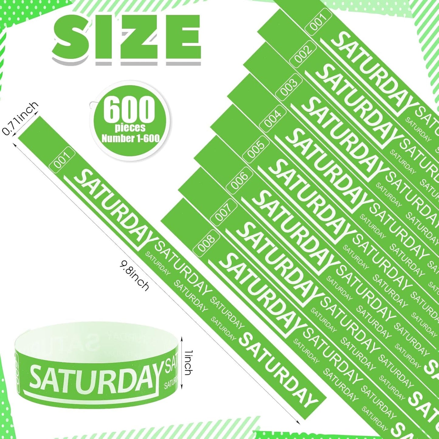 Henoyso 600 Pcs Saturday Paper Wristbands Event Admission Paper Bracelets Numbered Waterproof Party Armbands for Events Day of The Week(Green)