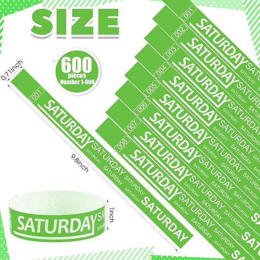 Henoyso 600 Pcs Saturday Paper Wristbands Event Admission Paper Bracelets Numbered Waterproof Party Armbands for Events Day of The Week(Green)