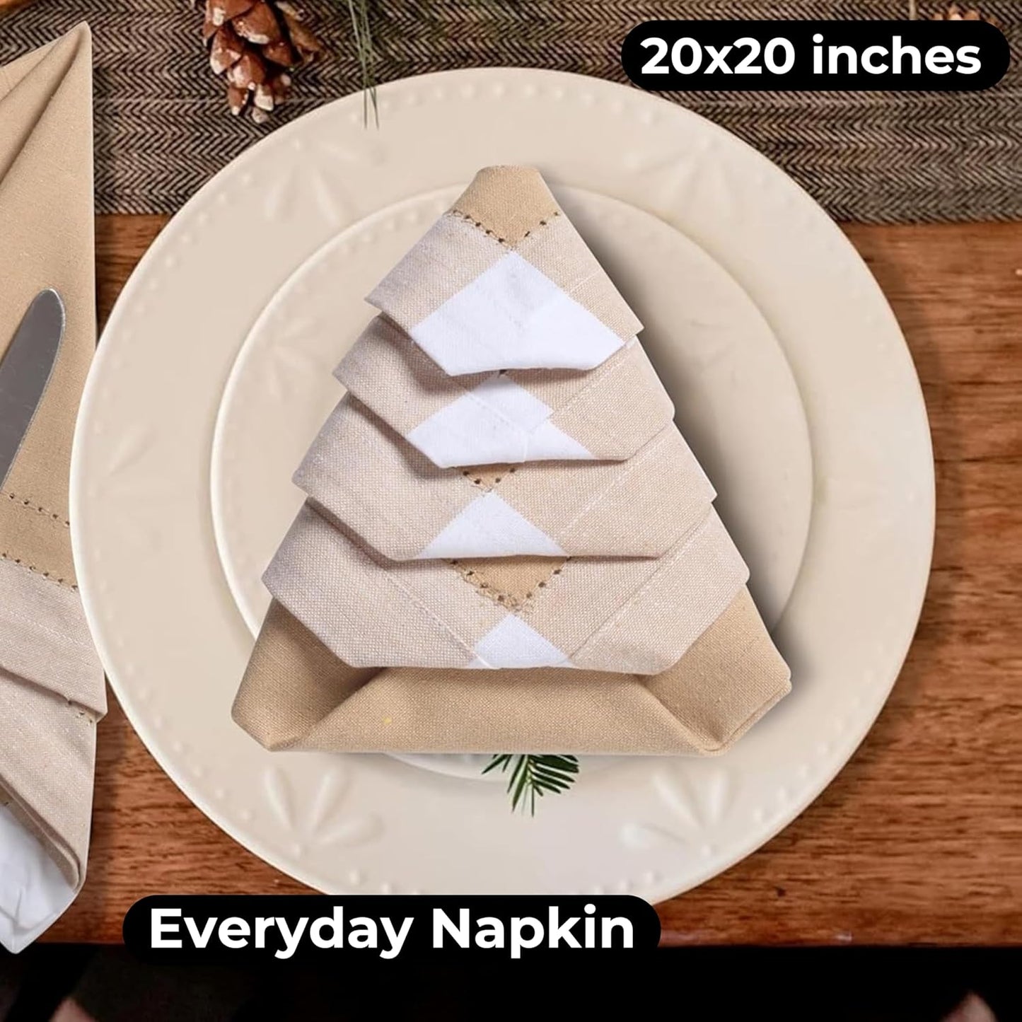 Bedding Craft Cotton Cloth Napkins Set of 12 – 20x20 Beige Multi Double Hemstitched – Machine Washable Dinner Napkins for Weddings, Easter & Special Occasions