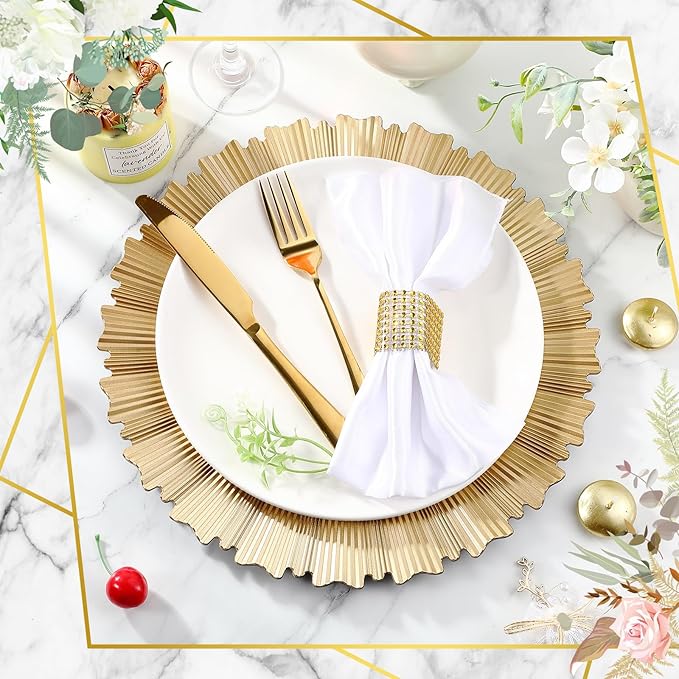 Mifoci 24 Pcs Champagne Gold Charger Plates Bulk 13 Inch Plastic Round Chargers Fluted Edge Dinner Plate Wedding Decoration for Table Setting Wedding Party Event Tabletop