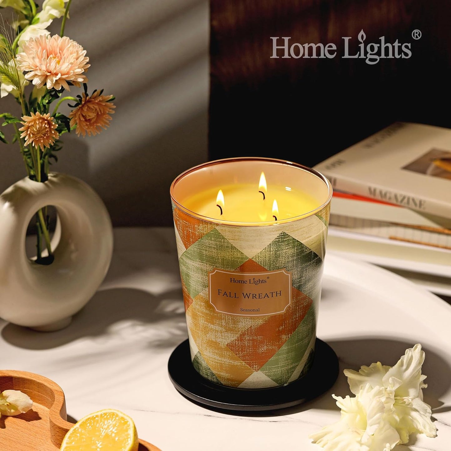 HomeLights Large jar Candle | 3-Wick Long-Lasting Scented Candles, 34oz Natural Soy Wax Candle for Home Scented, Rustic Modern Gifts for Women & Men, Fall Wreath
