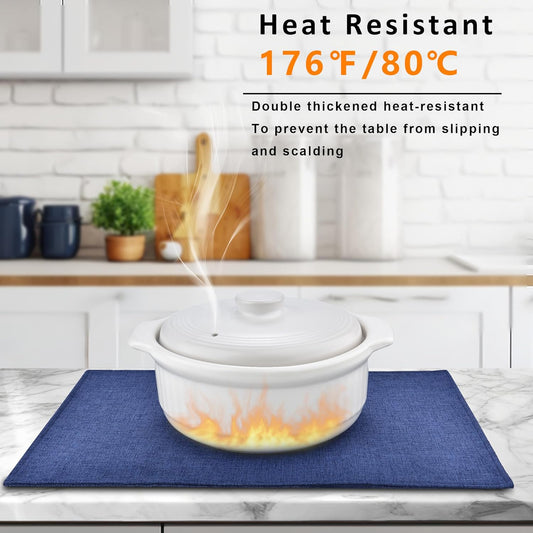 SLKQG Blue Linen-Look Placemats Set of 8, Heat Resistant & Machine Washable Double-Layered Cloth Placemats for Dining Table, Indoor/Outdoor Use, Non-Slip Kitchen Table Mats (8, Navy Blue)