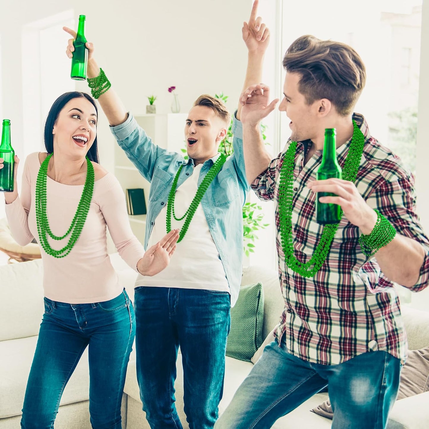 St Patricks Day Accessories, 15PCS Green Beads Necklaces Decorations, 33" Saint Patricks Day Mardi Gras Xmas Necklace Party Favor, Green Mardi Gras Beads Bulk for Wedding Birthday Holiday Parade Throw