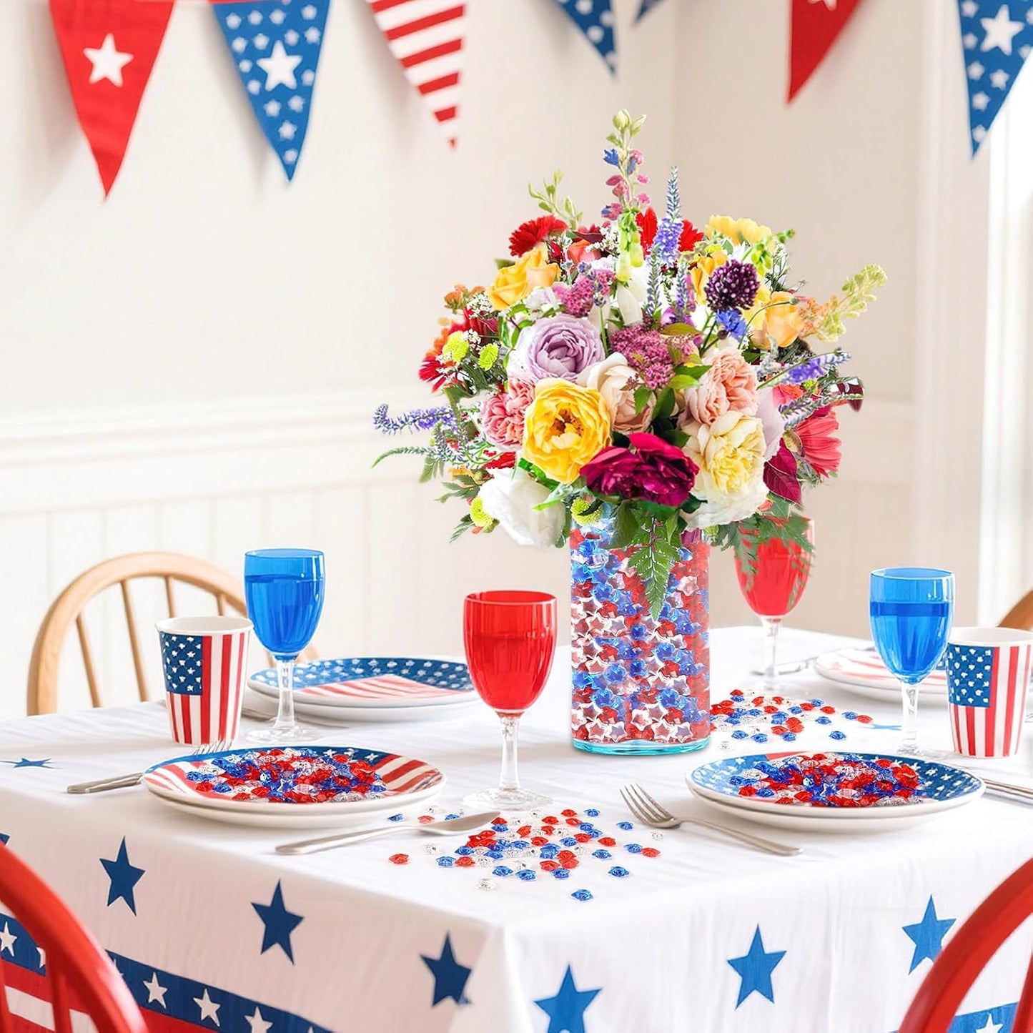300pcs Patriotic Red Clear Blue Star Acrylic Crystals Gems Table Scatter Vase Filler for 4th of July Memorial Day Birthday DIY Crafts Home Party Decorations