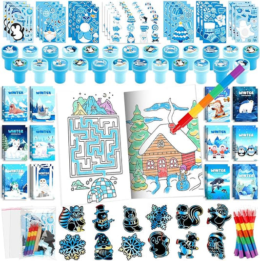 BenLouis Winter Party Favors Set Holiday Themed Coloring Book Classroom Gift Prizes Bulk for Students Kids Christmas Frozen Birthday Goodie Bag Stuffers Pinata Filler (48Set Snowflake)