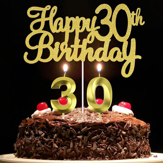 Happy 30th Birthday Cake Topper + 30 th Birthday Candles, 30 Cake Topper, Number 30 Candles, Happy 30th Birthday Cake Decorations for 30 Birthday Party Decoration (30)