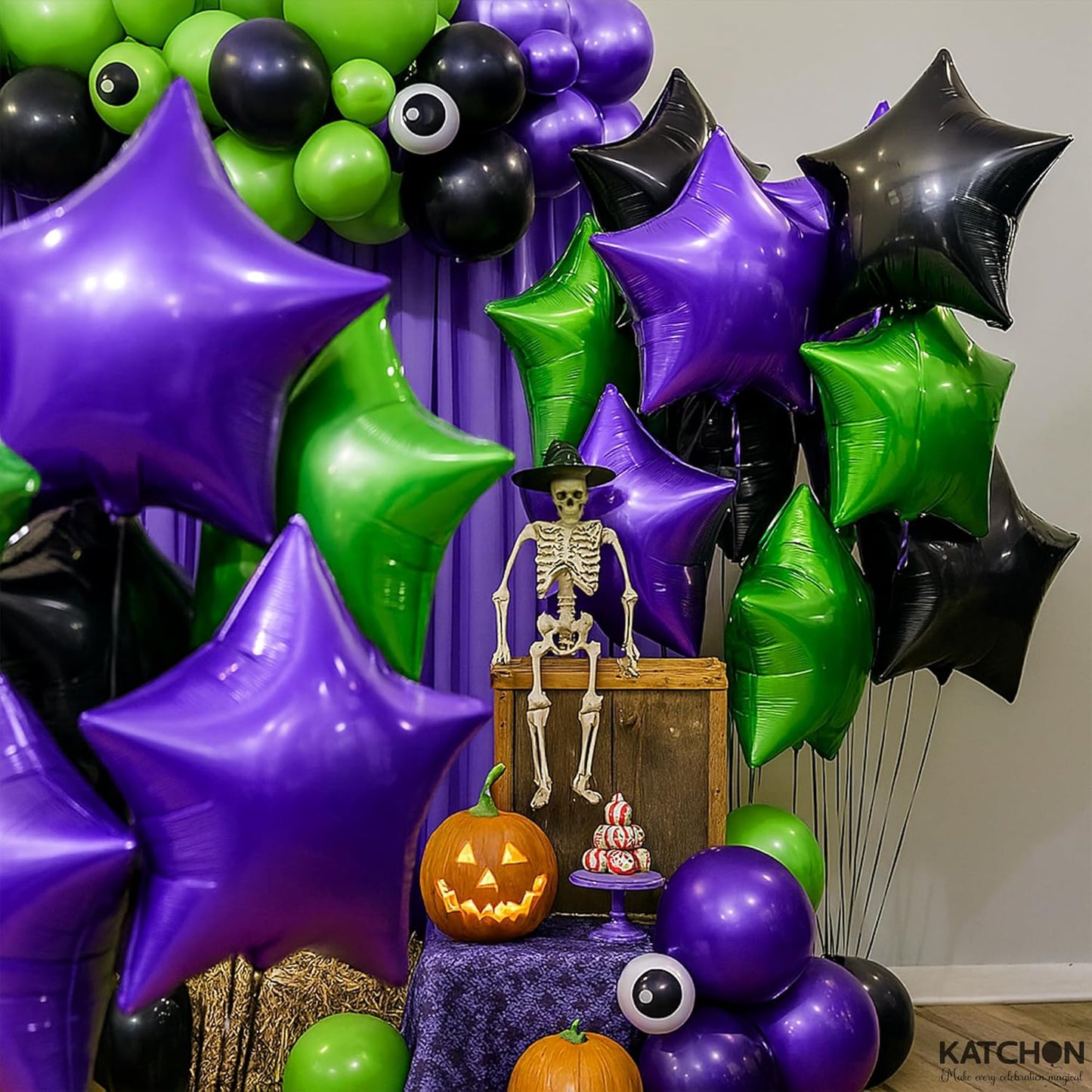 Katchon, Purple Green and Black Star Foil Balloons - 18 Inch, pack of 12 | Halloween Decorations Indoor, Spooky Decor For Home | Green Star Balloons For Halloween Decor | witch Party Decorations