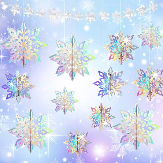 24 PCS Snowflake Christmas Hanging Party Decor Supplies,12 PCS 3D Glittery Snowflakes &12PCS 3D White Paper Snowflakes Hanging Garland for Christmas Winter Holiday New Year Wonderland Party Decoration