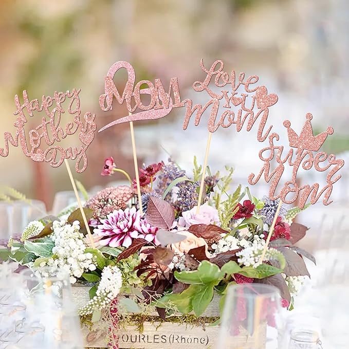 12 PCS Happy Mother's Day Centerpiece Sticks Double Sided Love Super Mom Best Mom Centerpieces for Happy Mother's Day Theme Table Flower Decorations Women Birthday Party Supplies Rose Gold