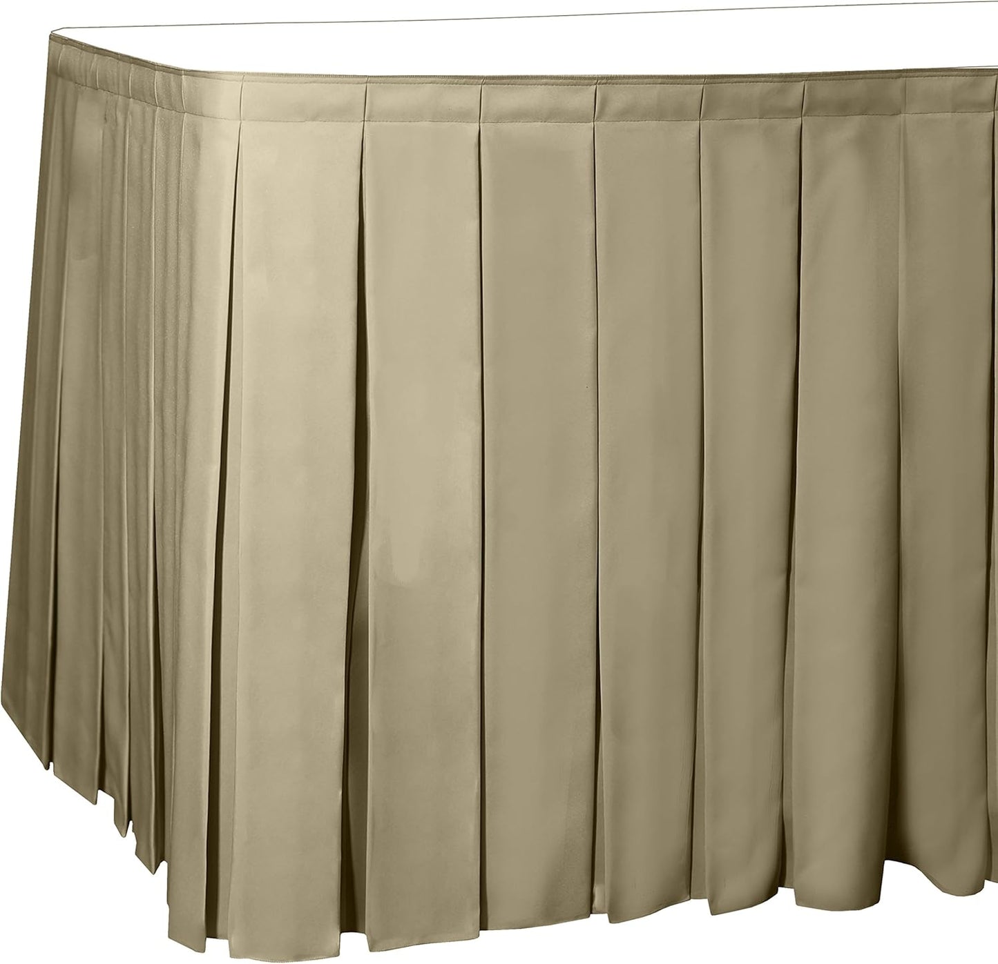 Ultimate Textile Pleat Polyester Fabric Table Skirt - Machine Washable, Flame Resistant, Cut & Sewn in NJ, Desk Skirt - Camel, 21' Box Pleat x 42" h