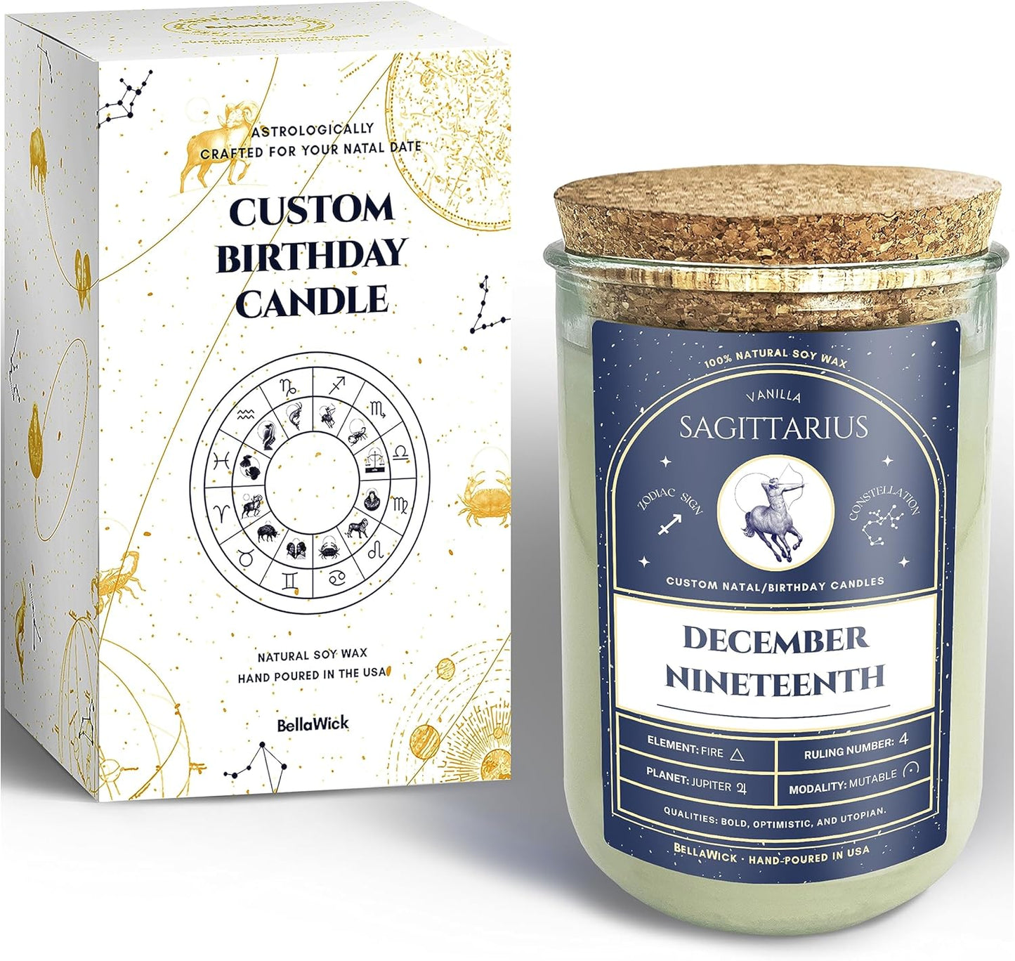 Birthday Candles - Custom Birthdate Astrological Zodiac Scented Candles. Astrology Gifts. All Natural Soy Wax. 75+ Hour Burn Time. Made in USA - December 19
