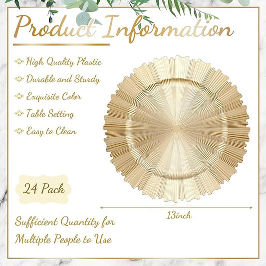 Mifoci 24 Pcs Champagne Gold Charger Plates Bulk 13 Inch Plastic Round Chargers Fluted Edge Dinner Plate Wedding Decoration for Table Setting Wedding Party Event Tabletop