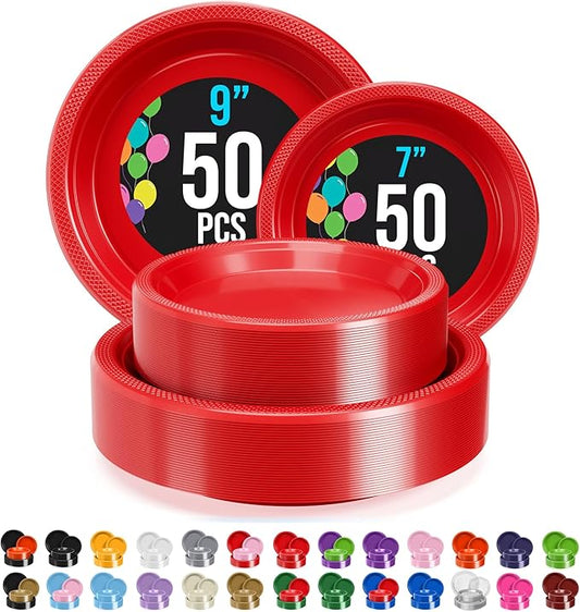 Exquisite Party Solids Red Plastic Plates For Party Supplies, Red Disposable Plates 100 Pcs - 50-7" & 50-9" Heavy Duty 350 GSM Disposable Dinnerware Sets, Plastic Dinnerware Sets