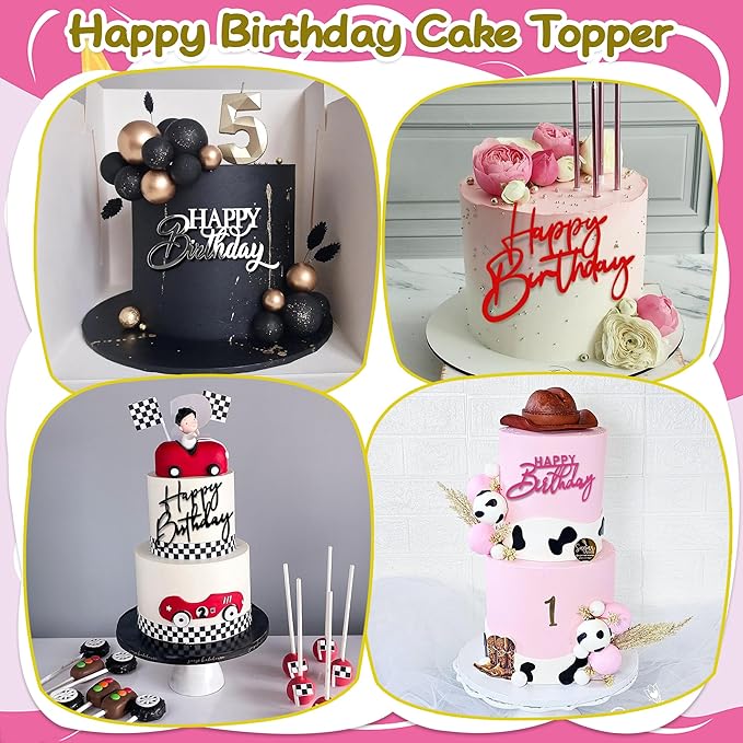 15 PCS Happy Birthday Cake Toppers Acrylic Mirror Inserts for Cakes Cupcakes Desserts 15 Styles 8 Colors