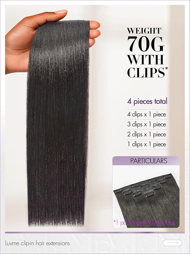 LUVME Yaki Straight Seamless Clip in Hair Extensions 70g, 20 Inch Natural Black, 100% Real Remy Human Hair, Soft Full Volume, Easy Clip Ins for Daily Wear, Work, Parties & Weddings