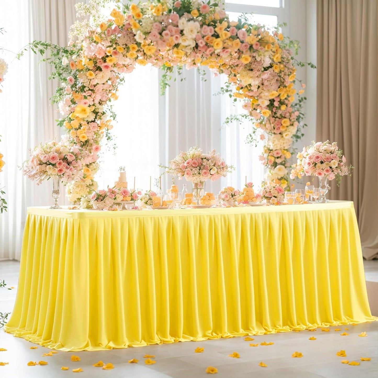 Yellow Polyester Table Clothes for 8 Foot Rectangle Tables, Wrinkle Free Fitted Table Cover with Pleated Ruffle Table Skirt for Birthday Party Wedding Trade Show Event Display