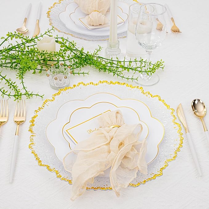 6pcs Clear and Gold Charger Plates Set 13inch,Gold Chargers Heavy Duty Wave Design,Chargers for Dinner Plates With Textured Suitable for Wedding Afternoon Tea,Spring,Valentine's Day