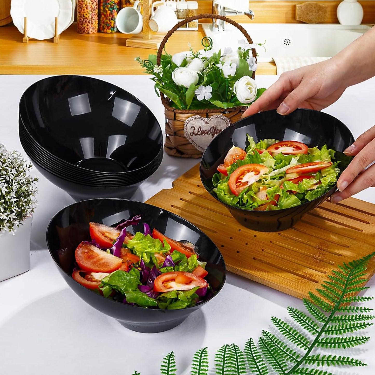 bUCLA 12 Pack Black Plastic Serving Bowls - 20 OZ Angled Bowls Disposable for Chip,Candy,Salad and Fruit - Ideal for Wedding, Party & New Year