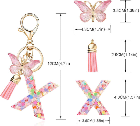 Fashion Alphabet Initial Letter Keychain Tassel Butterfly Pendant Key Ring for Purse Handbags Women Girl