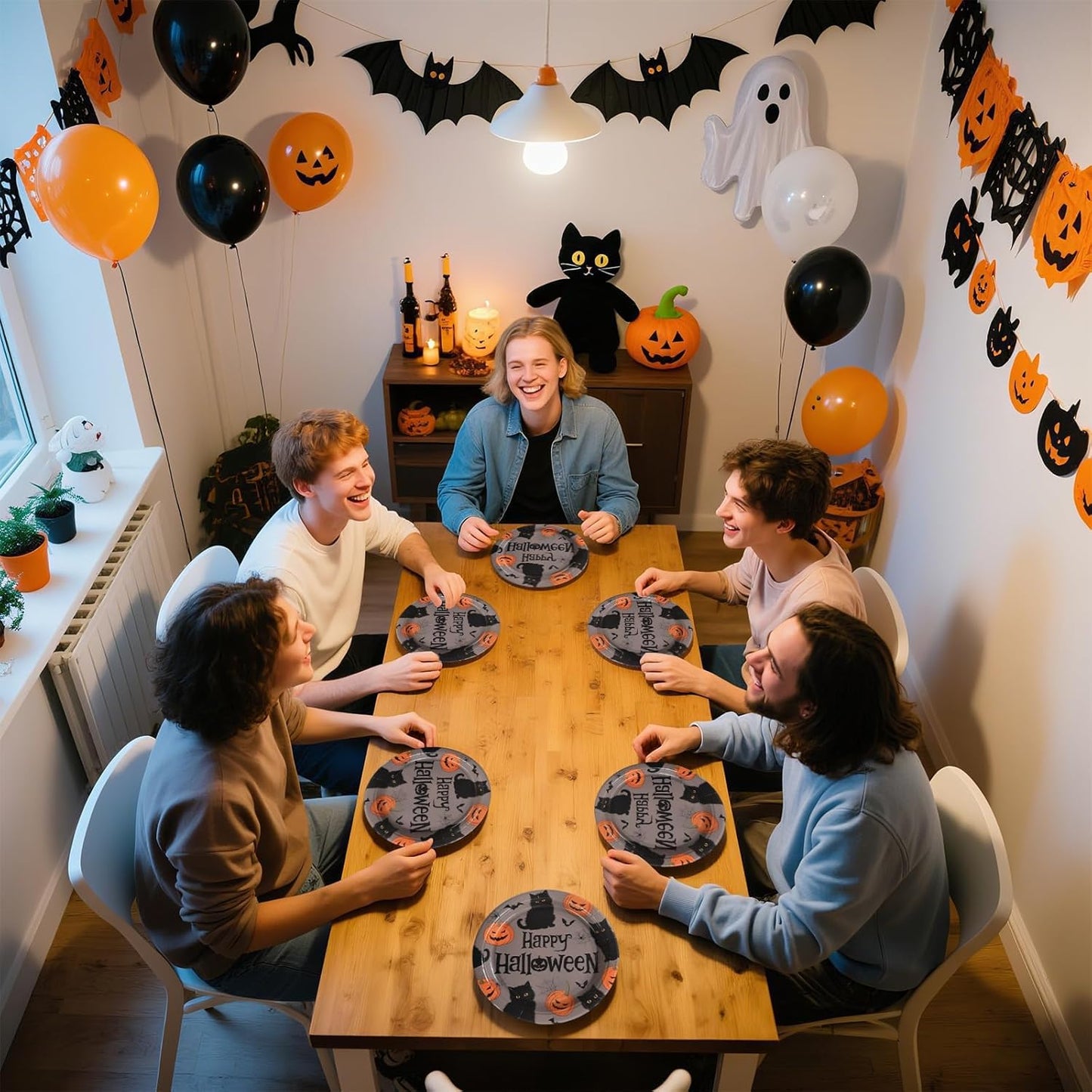Grencian 50Pcs Halloween Black Cat Plates 9” Disposable Heavy Duty Orange Pumpkin Paper Plates For Halloween Yard Black Cat Party Decorations Supplies