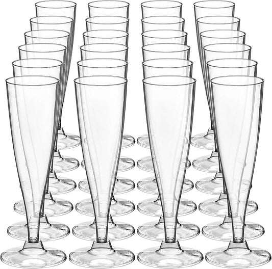 DecorRack 24 Champagne Glasses, 5 Oz -BPA Free- Plastic Flutes, Perfect for Outdoor Parties, Weddings, Hosting, Stackable, Reusable, Disposable Stemmed Cups (Pack of 24)