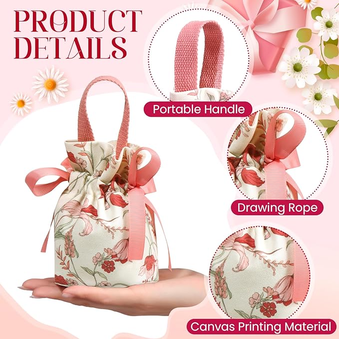 Liobelon 8 Pieces Floral Mini Gift Bags with Handles 14x9.5x6cm/5.5x3.7x2.3inch Canvas Small Candy Bag Tea Party Favor Bags for Party, Wedding, Bridal Shower, Valentine's Day, Mother's Day